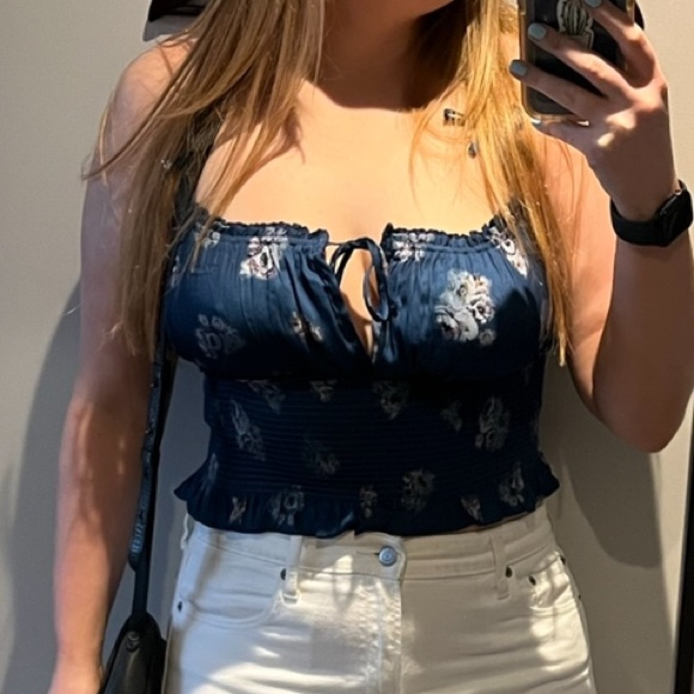 Free People Smocked Tie Front Blue Tank
